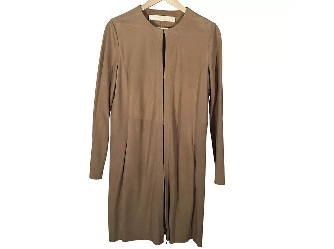 Abrigo Duster de Cuero Suede sin Cuello DROMe Beige Castaño - vista 11