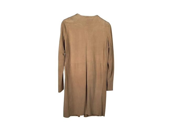 Abrigo Duster de Cuero Suede sin Cuello DROMe Beige Castaño - vista 5