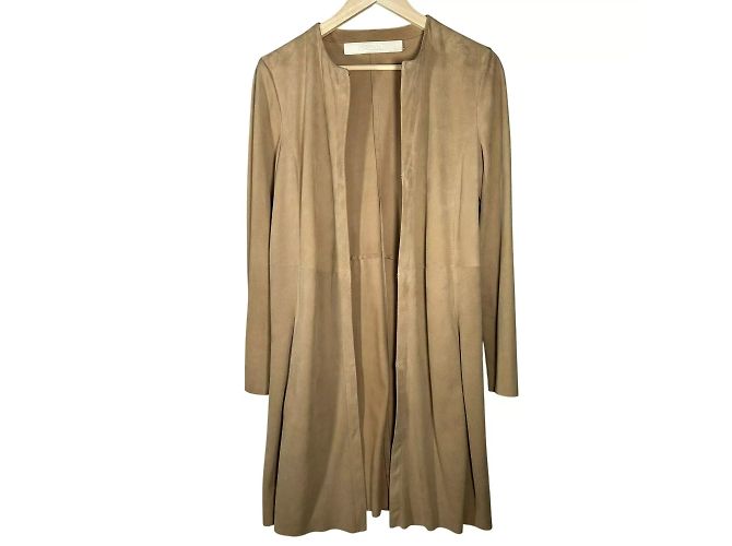 Abrigo Duster de Cuero Suede sin Cuello DROMe Beige Castaño - vista 8