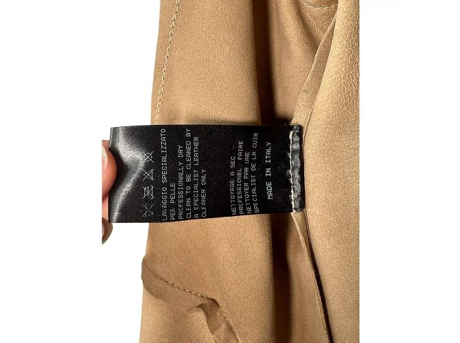 Abrigo Duster de Cuero Suede sin Cuello DROMe Beige Castaño - vista 9
