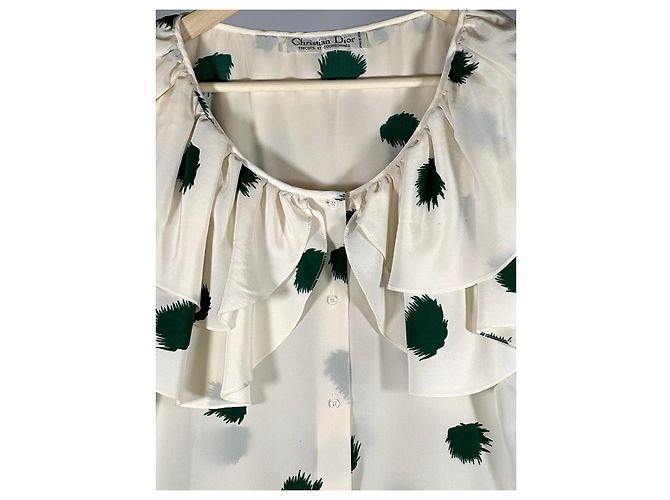 Christian Dior Blusa de Seda Estampada Creme e Verde Cru Verde escuro - vista 3