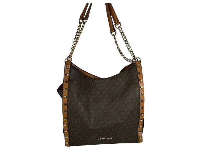 Michael Kors Newbury Medium Chain Stud Borsa a spalla Marrone Gold hardware - vista 7