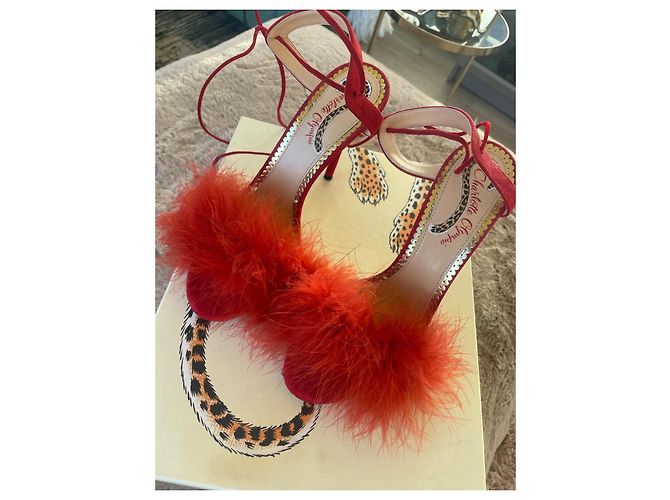 Sandali Charlotte Olympia in suede rosso con piume - vista 2