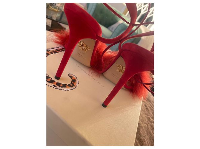 Sandali Charlotte Olympia in suede rosso con piume - vista 4