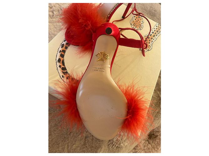 Sandali Charlotte Olympia in suede rosso con piume - vista 5