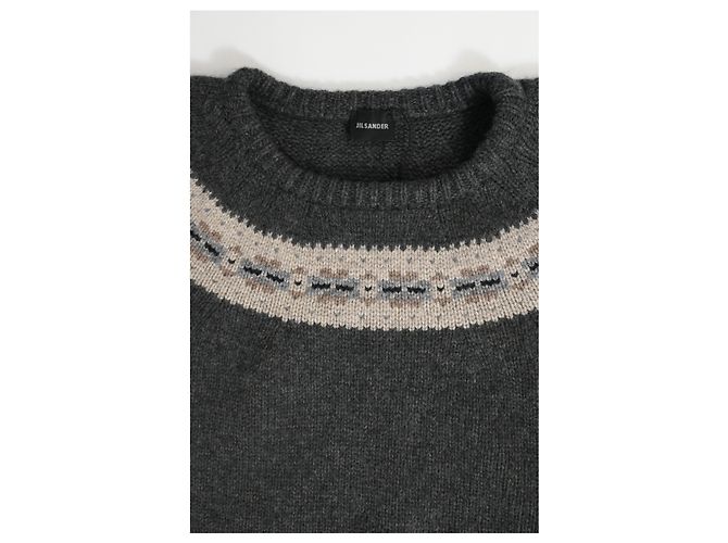 Jil Sander Strickpullover mit Musterdetail in grauer Wolle. - Ansicht 10
