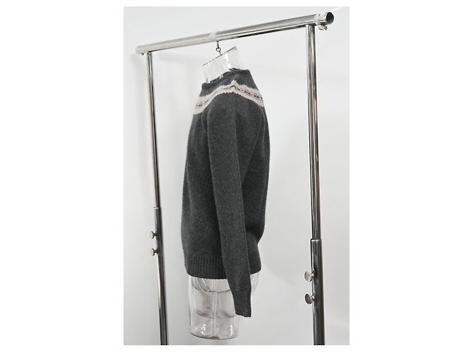Jil Sander Strickpullover mit Musterdetail in grauer Wolle. - Ansicht 7