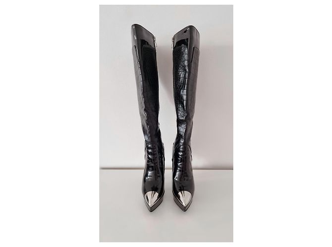 Autre Marque Schwarze kniehohe Stiefel aus Kunstleder mit Absatz - Ansicht 8
