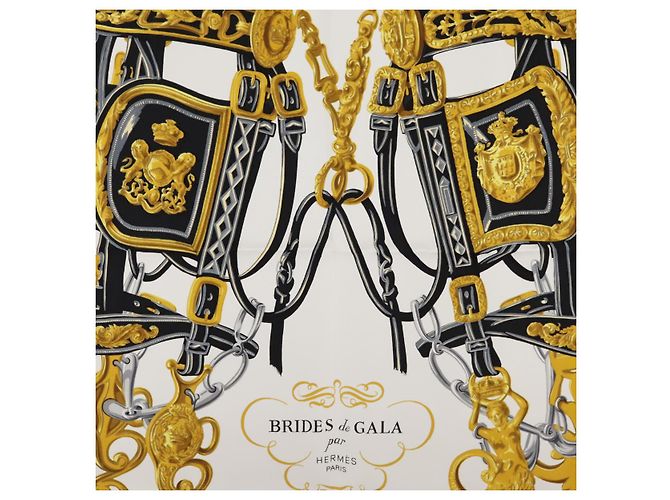 Hermès Foulard HERMES Carre 90 ""BRIDES de GALA"" in seta nero e bianco Auth ki5241 - vista 7