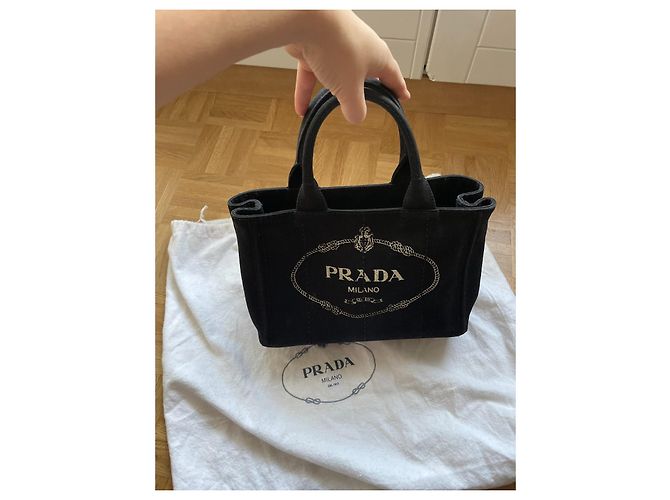 Borsa a mano Prada Canapa in tela nera con finiture oro Nero Beige Gold hardware - vista 2