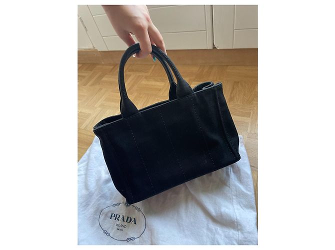 Borsa a mano Prada Canapa in tela nera con finiture oro Nero Beige Gold hardware - vista 3