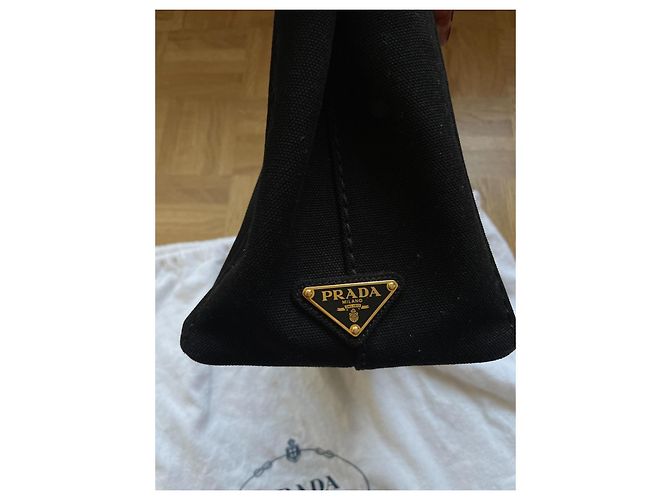 Borsa a mano Prada Canapa in tela nera con finiture oro Nero Beige Gold hardware - vista 5