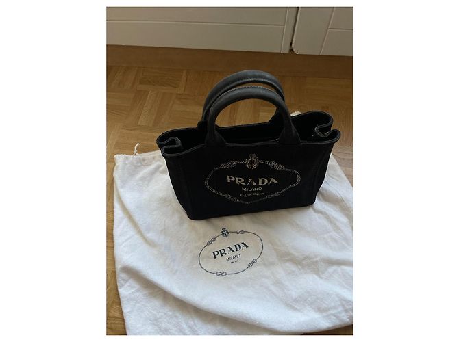 Borsa a mano Prada Canapa in tela nera con finiture oro Nero Beige Gold hardware - vista 8