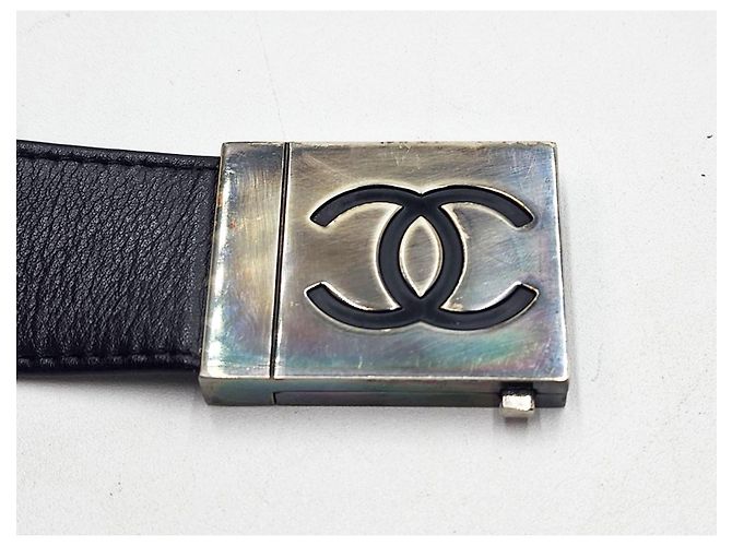 Chanel Leder- und Gunmetal-Silber-Schnallen-Gürtel Schwarz - Ansicht 8