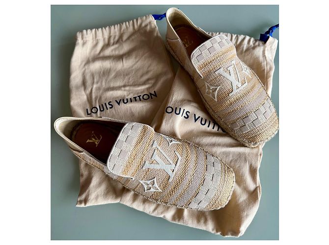Espadrillas Louis Vuitton Beige Oro Grigio Cotone Pelliccia D'oro - vista 12
