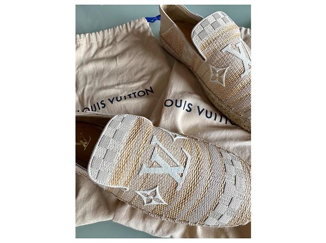 Espadrillas Louis Vuitton Beige Oro Grigio Cotone Pelliccia D'oro - vista 13
