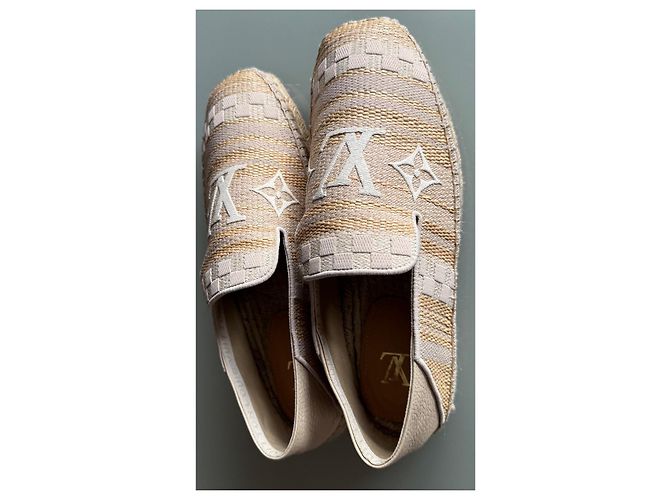 Espadrillas Louis Vuitton Beige Oro Grigio Cotone Pelliccia D'oro - vista 3