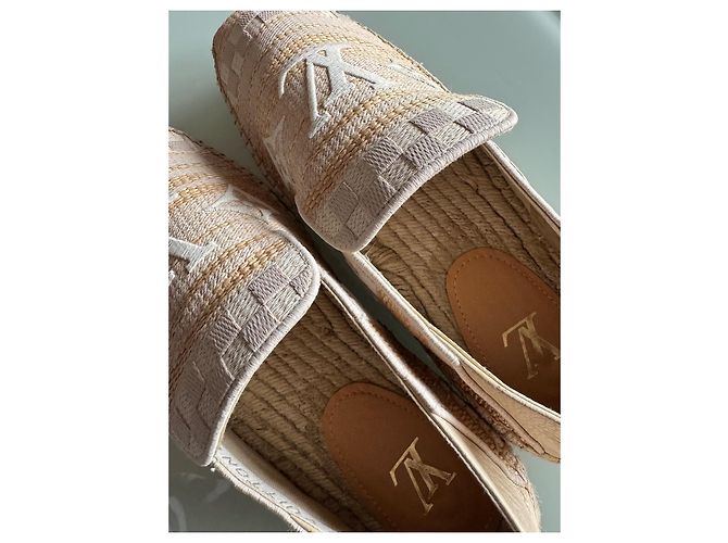 Espadrillas Louis Vuitton Beige Oro Grigio Cotone Pelliccia D'oro - vista 8