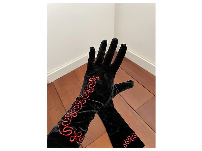 Autre Marque Lange schwarze Samthandschuhe mit roter Stickerei - Ansicht 2