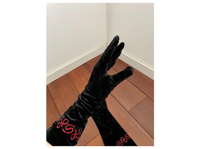 Autre Marque Lange schwarze Samthandschuhe mit roter Stickerei - Ansicht 3