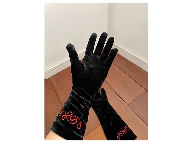 Autre Marque Lange schwarze Samthandschuhe mit roter Stickerei - Ansicht 4