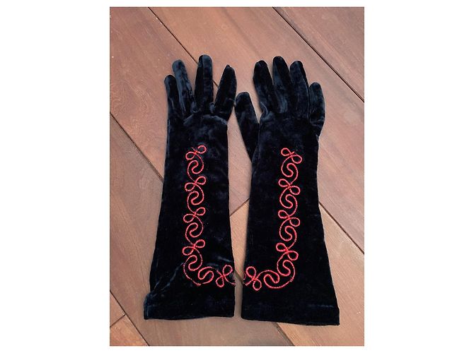Autre Marque Lange schwarze Samthandschuhe mit roter Stickerei - Ansicht 5