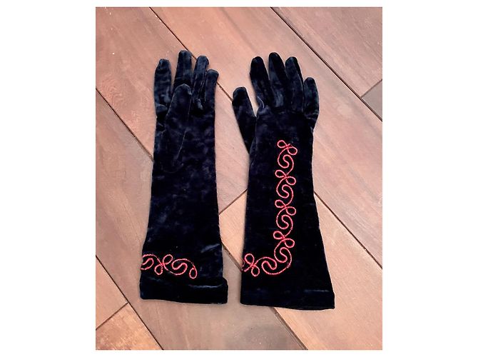 Autre Marque Lange schwarze Samthandschuhe mit roter Stickerei - Ansicht 6