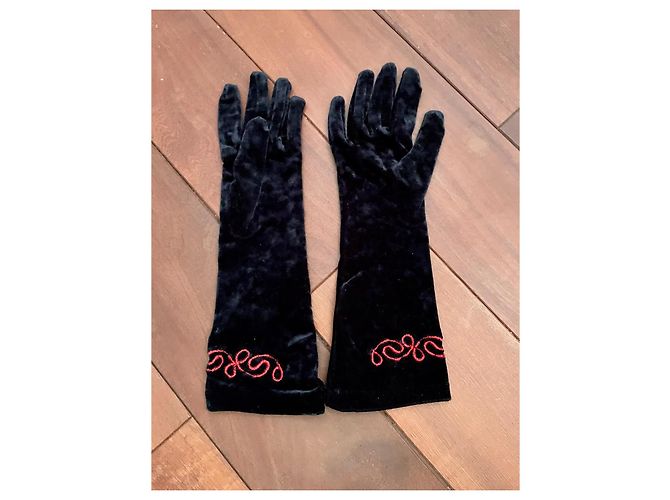 Autre Marque Lange schwarze Samthandschuhe mit roter Stickerei - Ansicht 7