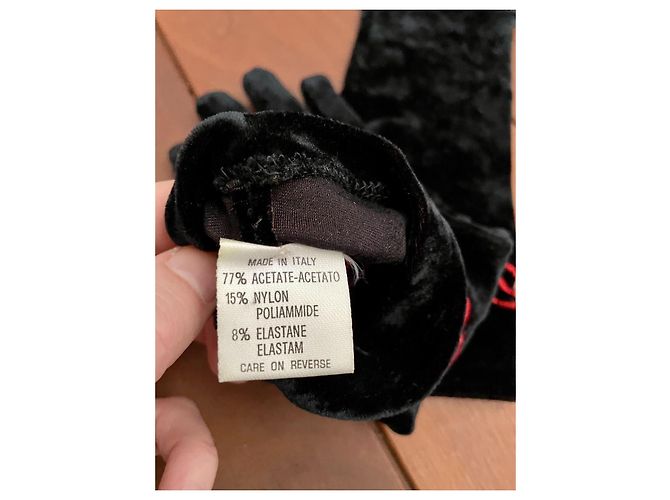 Autre Marque Lange schwarze Samthandschuhe mit roter Stickerei - Ansicht 8