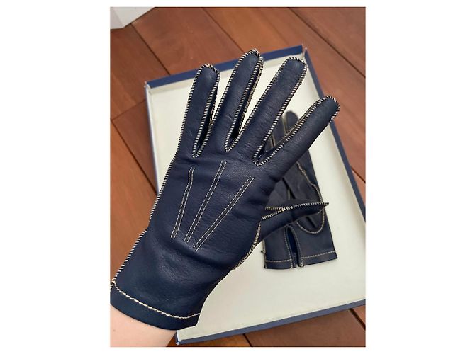 Autre Marque Around the World Lederhandschuhe Marineblau mit weißen Nähten Größe 7 Dunkelblau - Ansicht 9