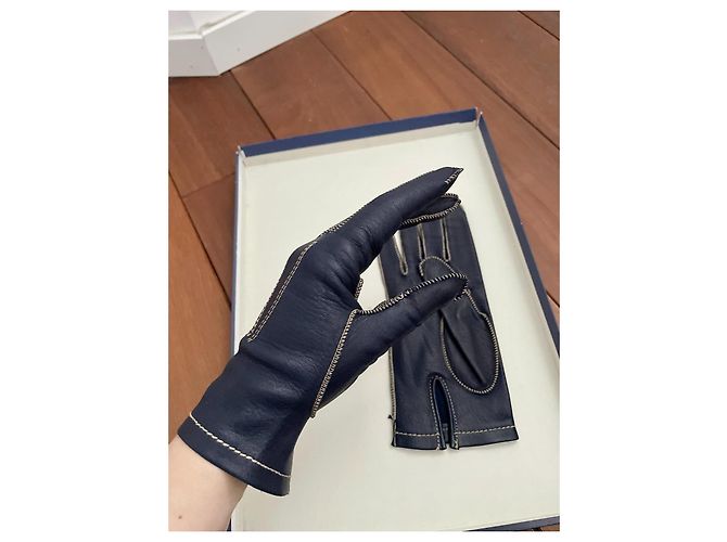 Autre Marque Around the World Lederhandschuhe Marineblau mit weißen Nähten Größe 7 Dunkelblau - Ansicht 2