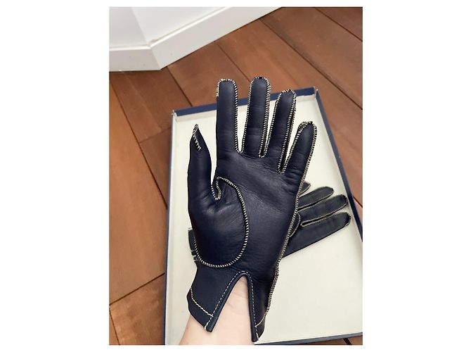 Autre Marque Around the World Lederhandschuhe Marineblau mit weißen Nähten Größe 7 Dunkelblau - Ansicht 3