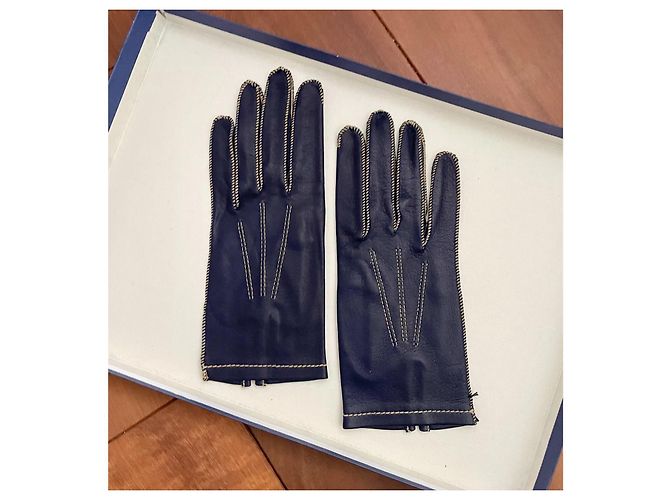 Autre Marque Around the World Lederhandschuhe Marineblau mit weißen Nähten Größe 7 Dunkelblau - Ansicht 4