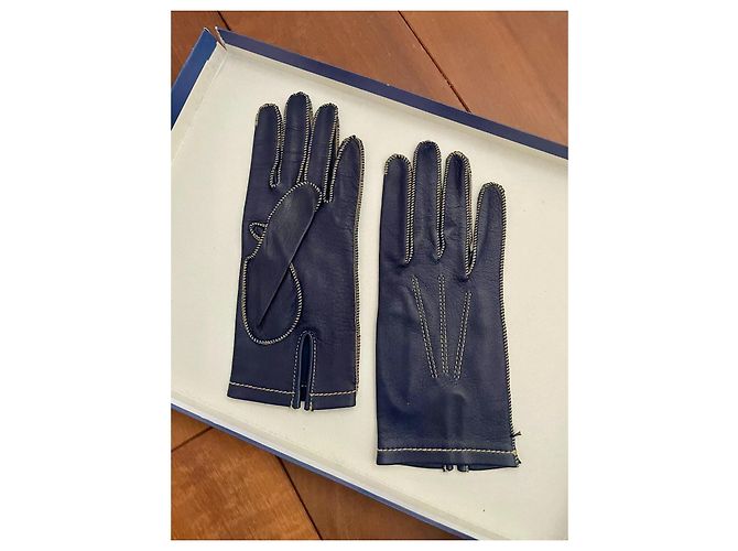 Autre Marque Around the World Lederhandschuhe Marineblau mit weißen Nähten Größe 7 Dunkelblau - Ansicht 5