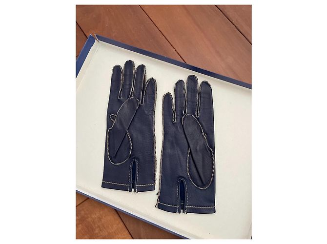 Autre Marque Around the World Lederhandschuhe Marineblau mit weißen Nähten Größe 7 Dunkelblau - Ansicht 6