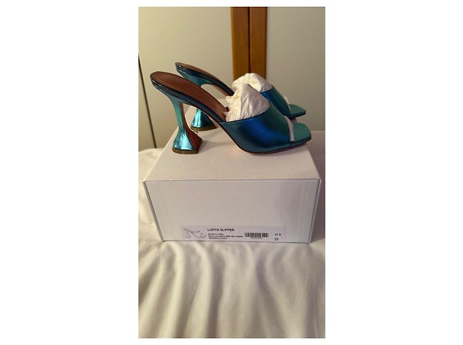 Sandali Amina Muaddi Lupita in pelle blu - vista 3