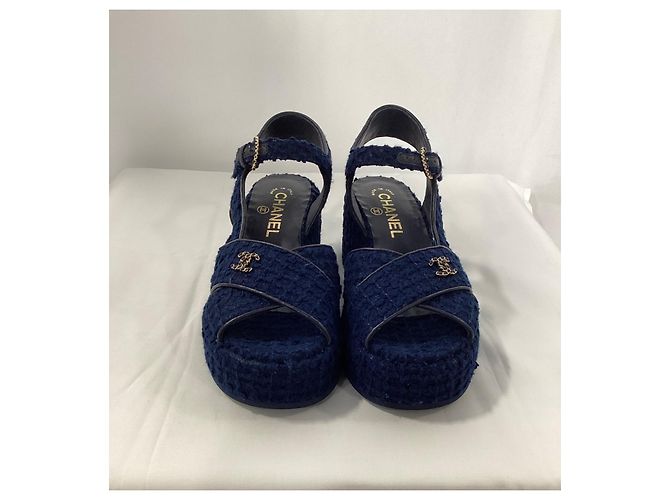 Timeless  Chanel CC Wedge Sandals in Blue Cotton Tweed - view 10