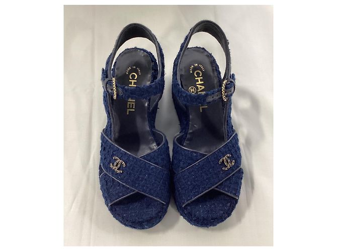 Timeless  Chanel CC Wedge Sandals in Blue Cotton Tweed - view 11