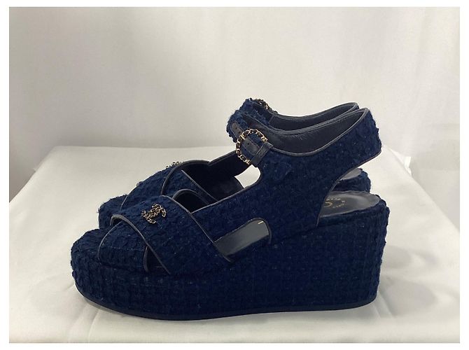 Timeless  Chanel CC Wedge Sandals in Blue Cotton Tweed - view 12