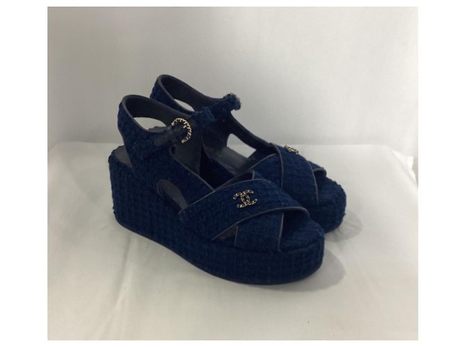 Timeless  Chanel CC Wedge Sandals in Blue Cotton Tweed - view 13