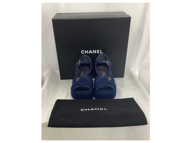 Timeless  Chanel CC Wedge Sandals in Blue Cotton Tweed - view 15