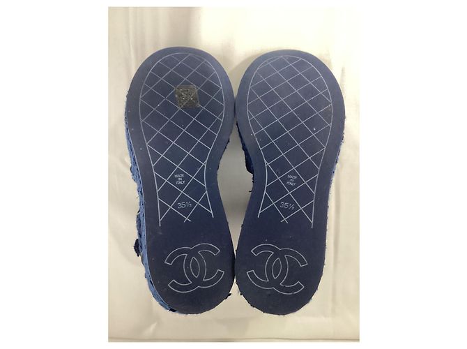 Timeless  Chanel CC Wedge Sandals in Blue Cotton Tweed - view 16