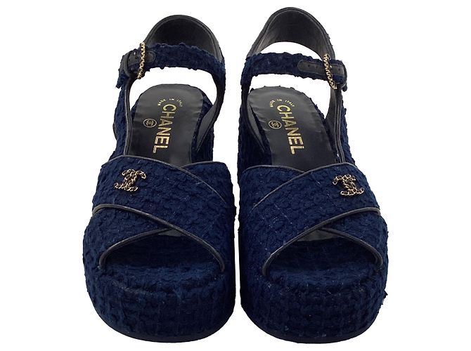 Timeless  Chanel CC Wedge Sandals in Blue Cotton Tweed - view 2