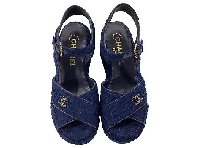 Timeless  Chanel CC Wedge Sandals in Blue Cotton Tweed - view 3