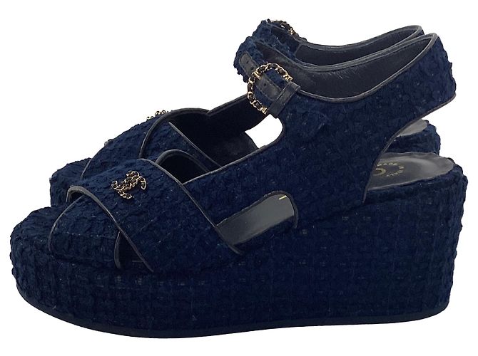 Timeless  Chanel CC Wedge Sandals in Blue Cotton Tweed - view 4