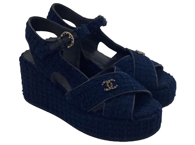 Timeless  Chanel CC Wedge Sandals in Blue Cotton Tweed - view 5