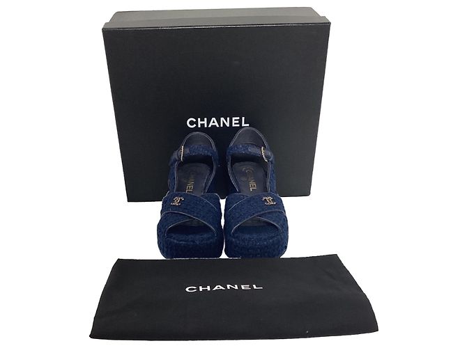 Timeless  Chanel CC Wedge Sandals in Blue Cotton Tweed - view 7