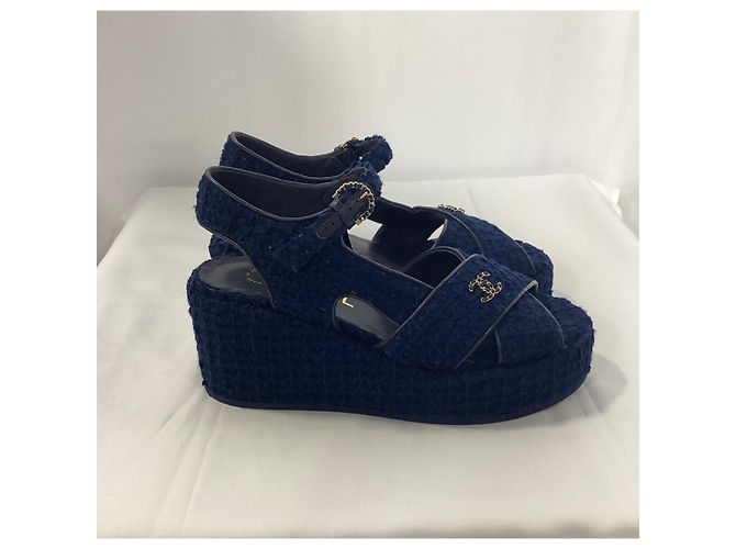 Timeless  Chanel CC Wedge Sandals in Blue Cotton Tweed - view 9