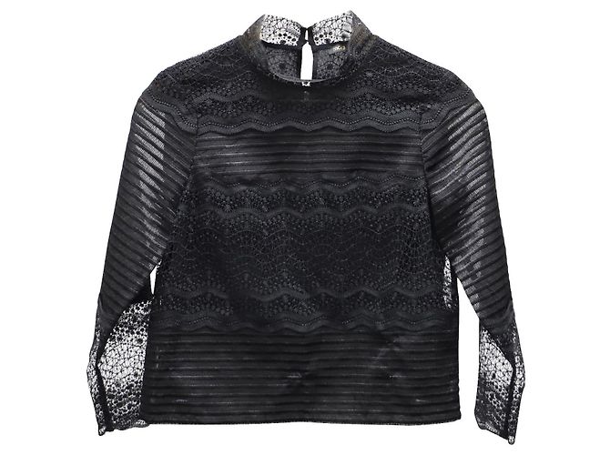 Maje Spitzenbluse mit hohem Kragen aus schwarzem Polyester - Ansicht 2