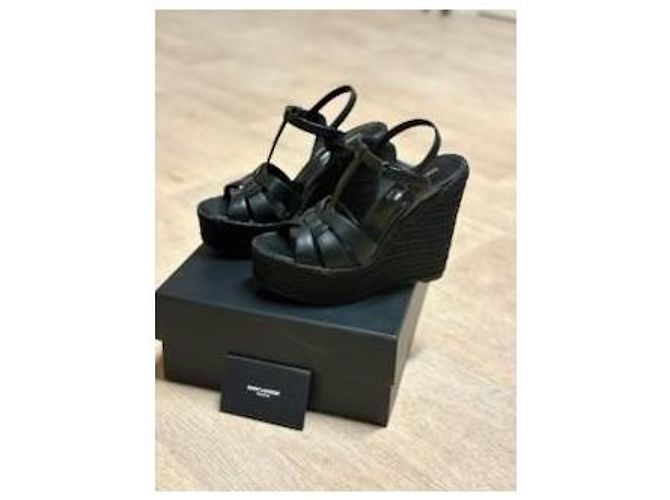 Mule con tacco a zeppa Yves Saint Laurent in pelle nera Nero - vista 3